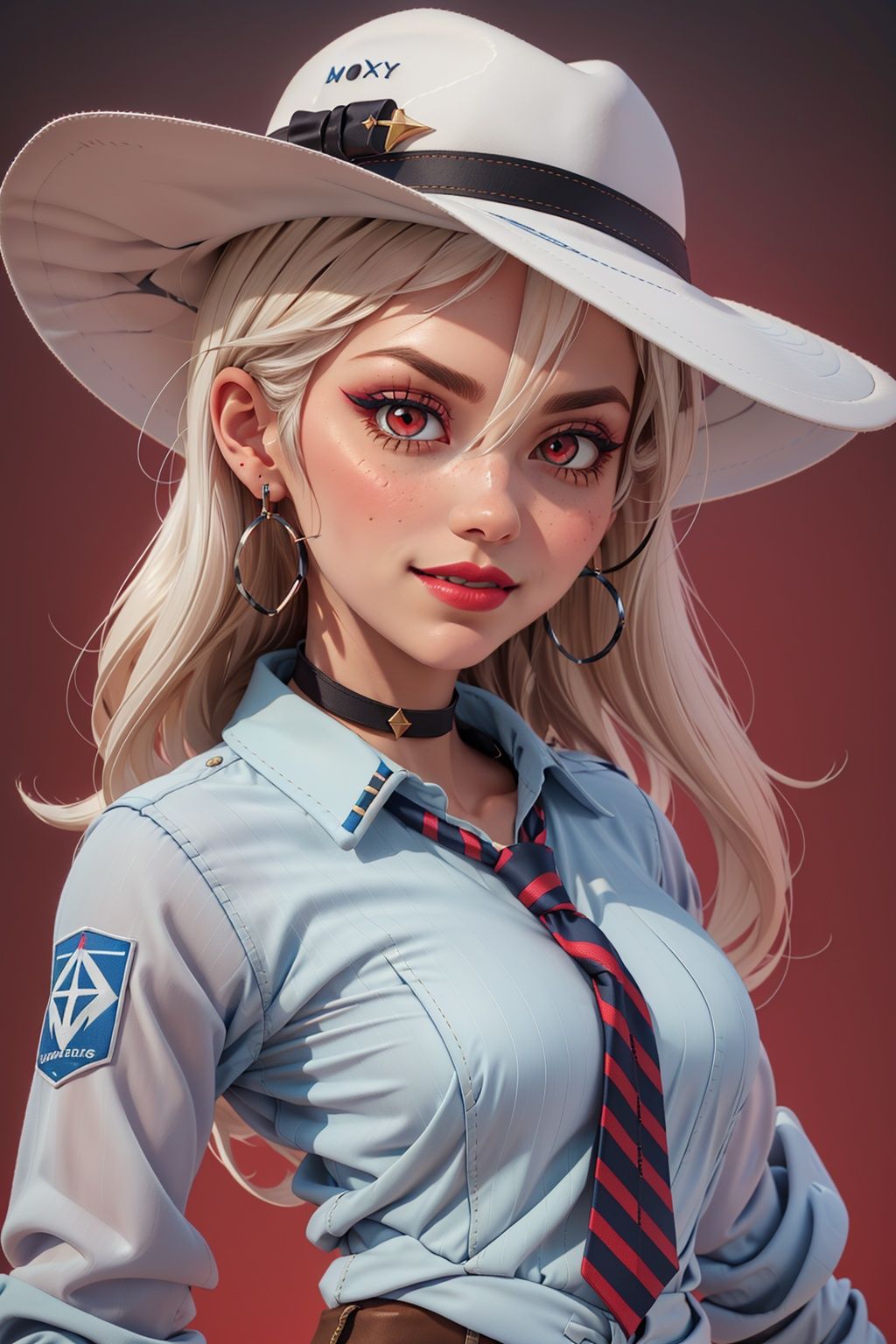 3dmm,3d,1girl, ashe \(overwatch\), breasts, choker, collared shirt, cowboy hat, earrings, eyelashes, eyeshadow, gradient background, hat, highres, jacket, jewelry, lips, lipstick, logo, looking at viewer, makeup, medium breasts, medium hair, necktie, overwatch, parted lips, pinstripe pattern, pinstripe shirt, portrait, red background, red eyes, red lips, red necktie, shirt, smile, solo, striped, stud earrings, white hair, white shirt, ((masterpiece)),Pixar