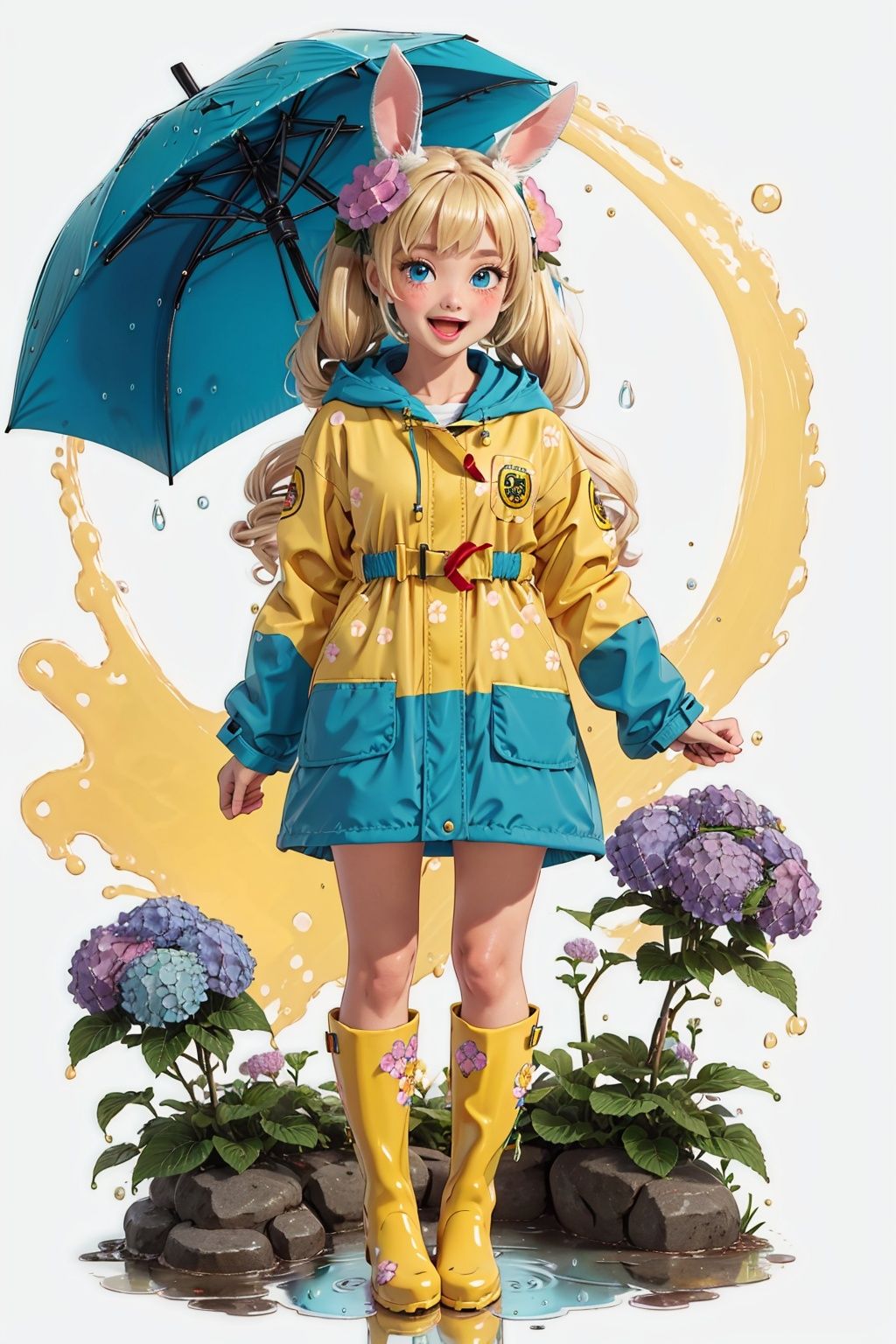 1girl, rainbow, raincoat, yellow raincoat, rubber boots, hydrangea, flower, long hair, twintails, boots, blush, umbrella, open mouth, hair ornament, white background, hood, solo, teruterubouzu, very long hair, hood up, long sleeves, low twintails, bow, bangs, smile, animal hood, blue eyes, rabbit, closed umbrella, puddle, full body, :d, snail, yellow footwear, simple background, pink flower, standing, leaf umbrella, holding umbrella, food-themed hair ornament, hair bow, animal ears, holding, blonde hair, hair flower, rain, animal