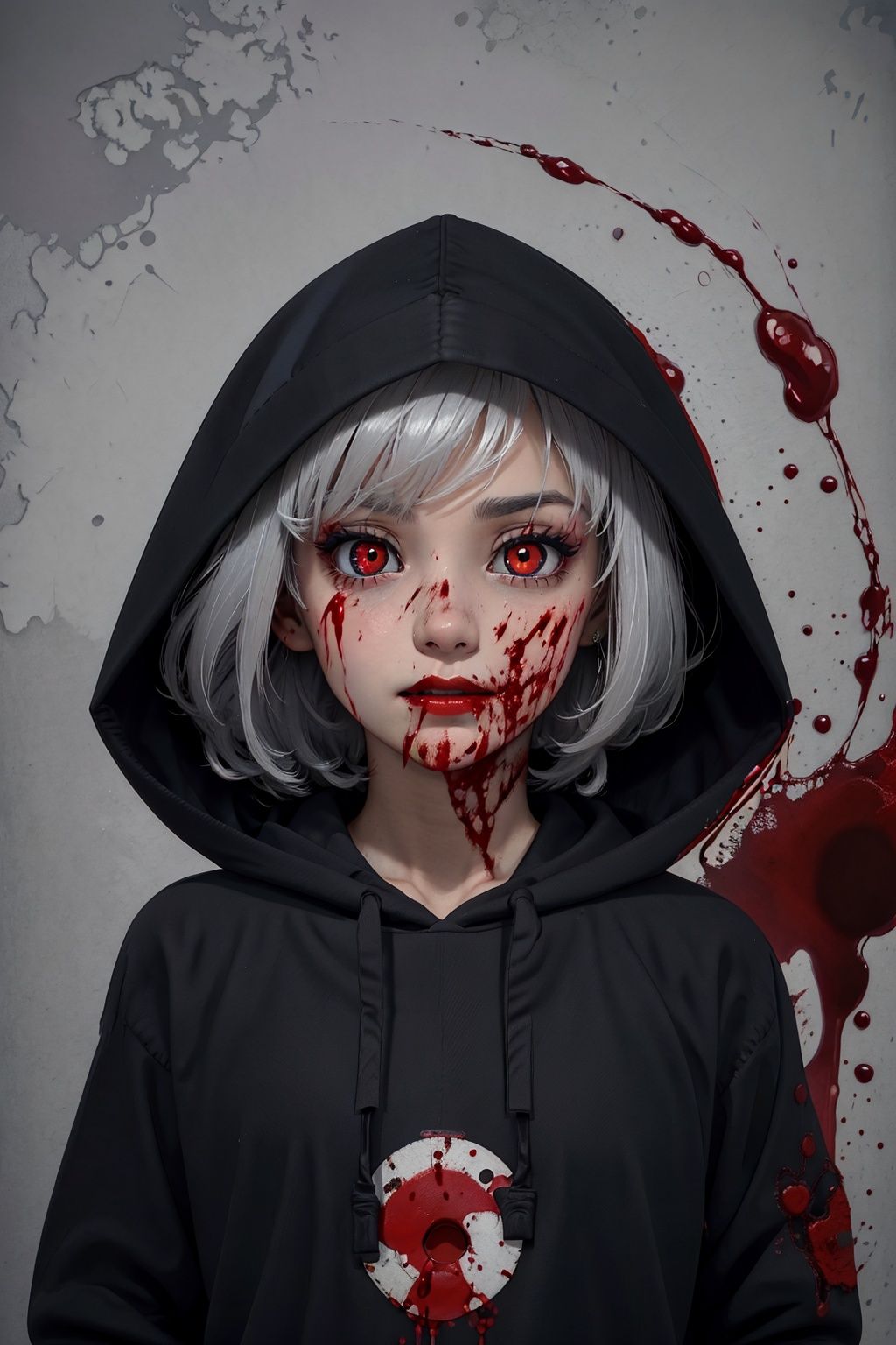 masterpiece, best quality, ultra high res,((blood on face, blood))

(dark art:1.3), deep shadow, dark theme,

1girl, solo,

(black hood,hood up,silver hair,short hair),grey hair,red eyes,long sleeves,

,constricted pupils, small pupils,

,CRAZY FACE,CRAZY EYES,CRAZY SMILE,SHOCKED,HORRIFIED,SCARED,SMALL PUPILS,CONSTRICTED PUPILS,

,Tiancheng:1.0,

  ,