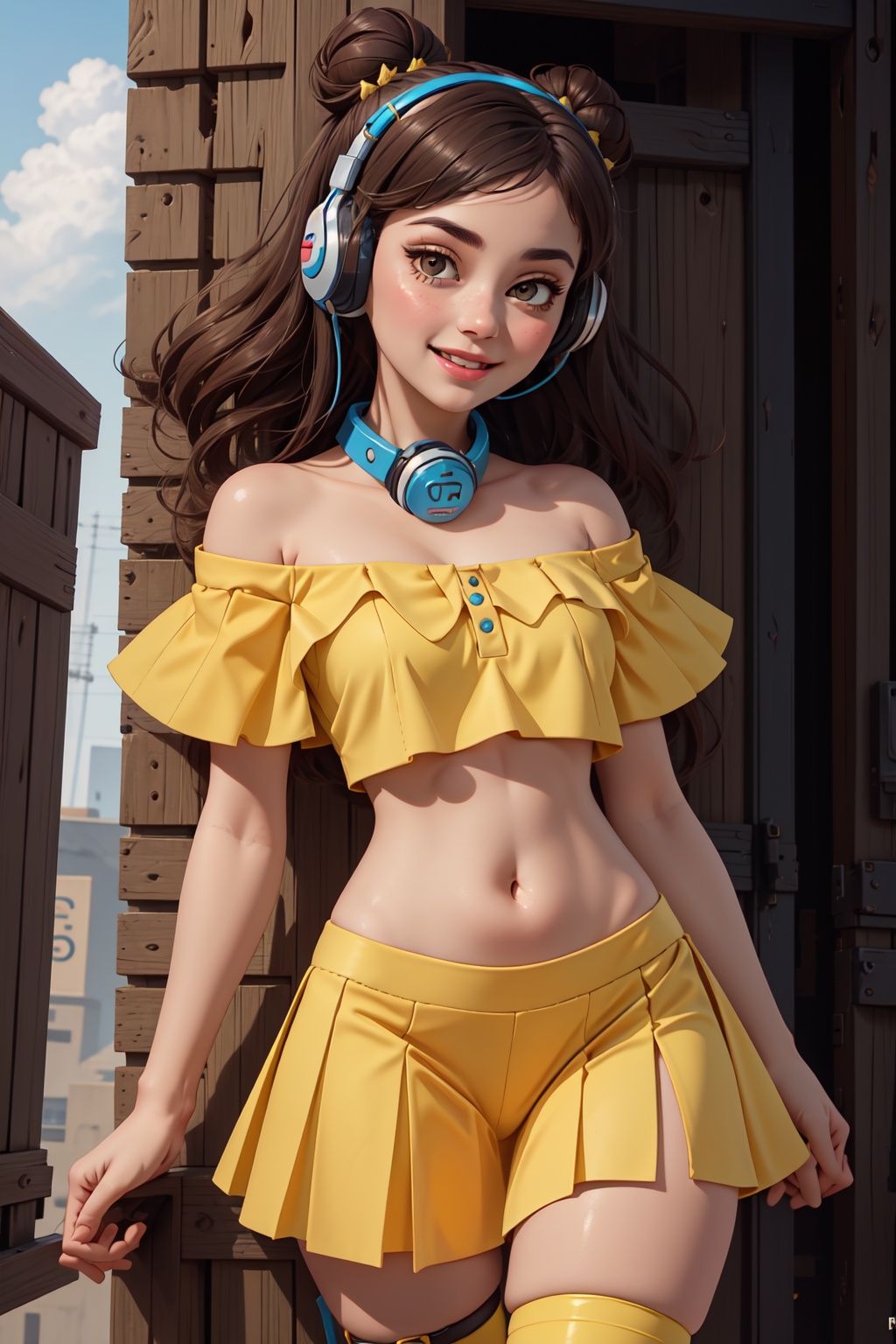 (masterpiece),(extremely detailed CG unity 4k wallpaper), (best quality), 1 girl, solo, brown eyes, cone hair bun, 1 x hair ornament, yellow skirt, headphones around neck, asymmetrical legwear, navel, thigh strap, off shoulder, light smile,Pixar