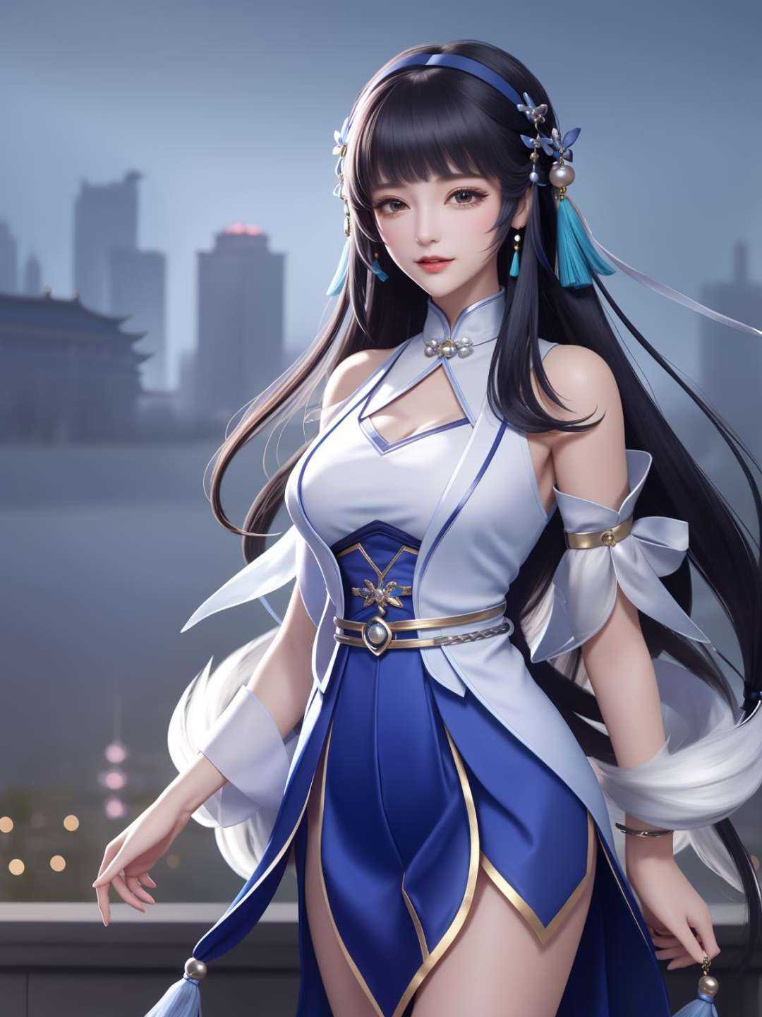 <lora:WZRYxishiYP_20230802143547:0.76>,1girl, mature female, night, cityscape, looking at viewer, long hair, hair ornament, bare shoulders, low tied hair, chinese clothes,blue skirt,clothing cutout,trim,rope belt, multicolored clothes, tassel, hair bow,hair ribbon,gloves, pearl bow hair ornament,collar, jacket, 