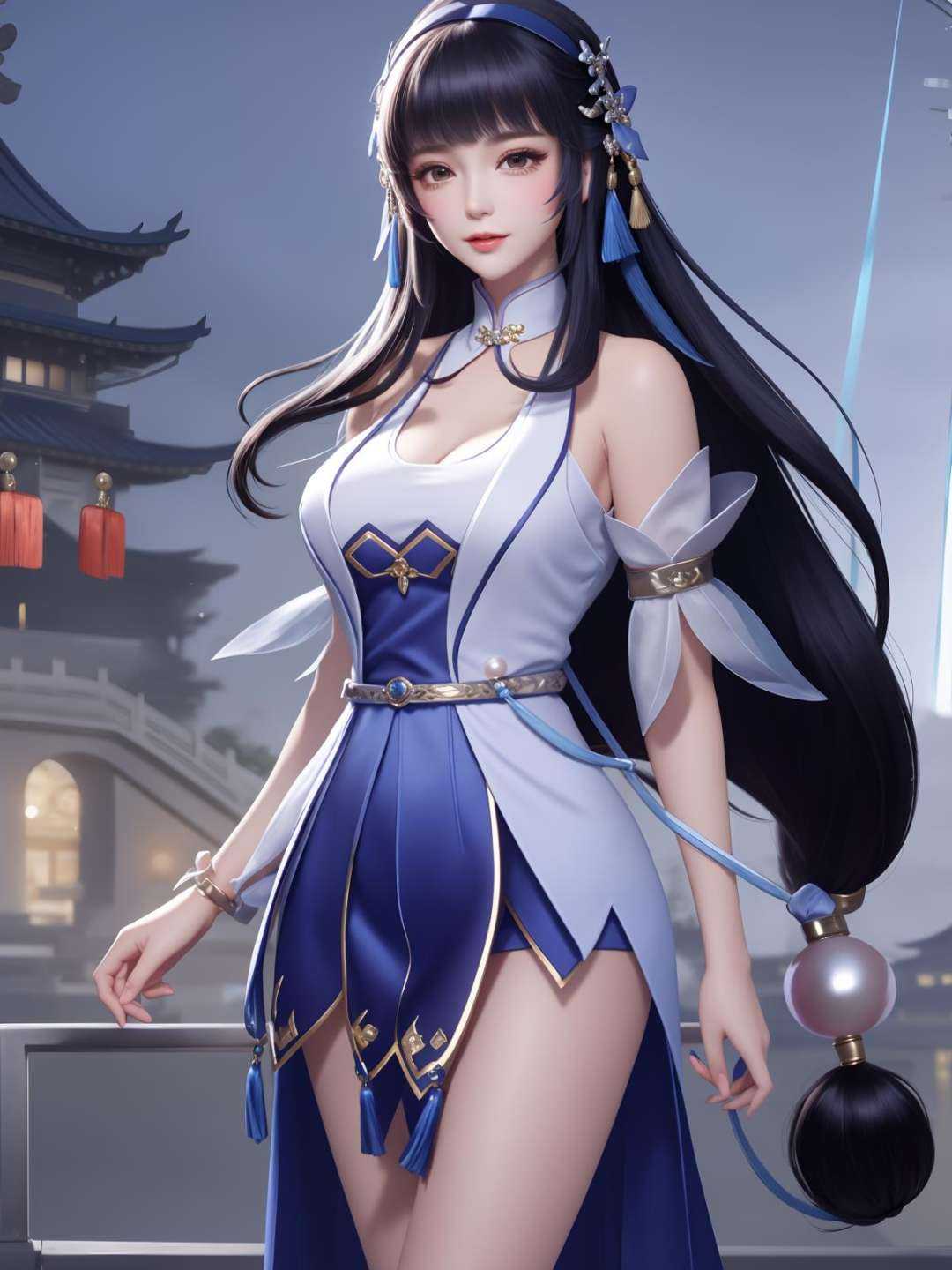 <lora:WZRYxishiYP_20230802143547:0.76>,1girl, mature female, night, cityscape, looking at viewer, long hair, hair ornament, bare shoulders, low tied hair, chinese clothes,blue skirt,clothing cutout,trim,rope belt, multicolored clothes, tassel, hair bow,hair ribbon,gloves, pearl bow hair ornament,collar, jacket, 