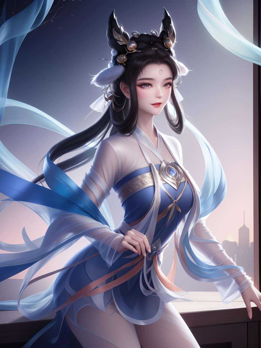 <lora:WZRYchangeRML_20230807210458:0.75>,WZRYchangeRML,1girl, mature female, looking at viewer, cityscape, night, hair ornament, dress,forehead mark, hair rings,chinese clothes, animal ears, sidelocks, see-through, skirt,ribbon, fluff, makeup, metal trim,