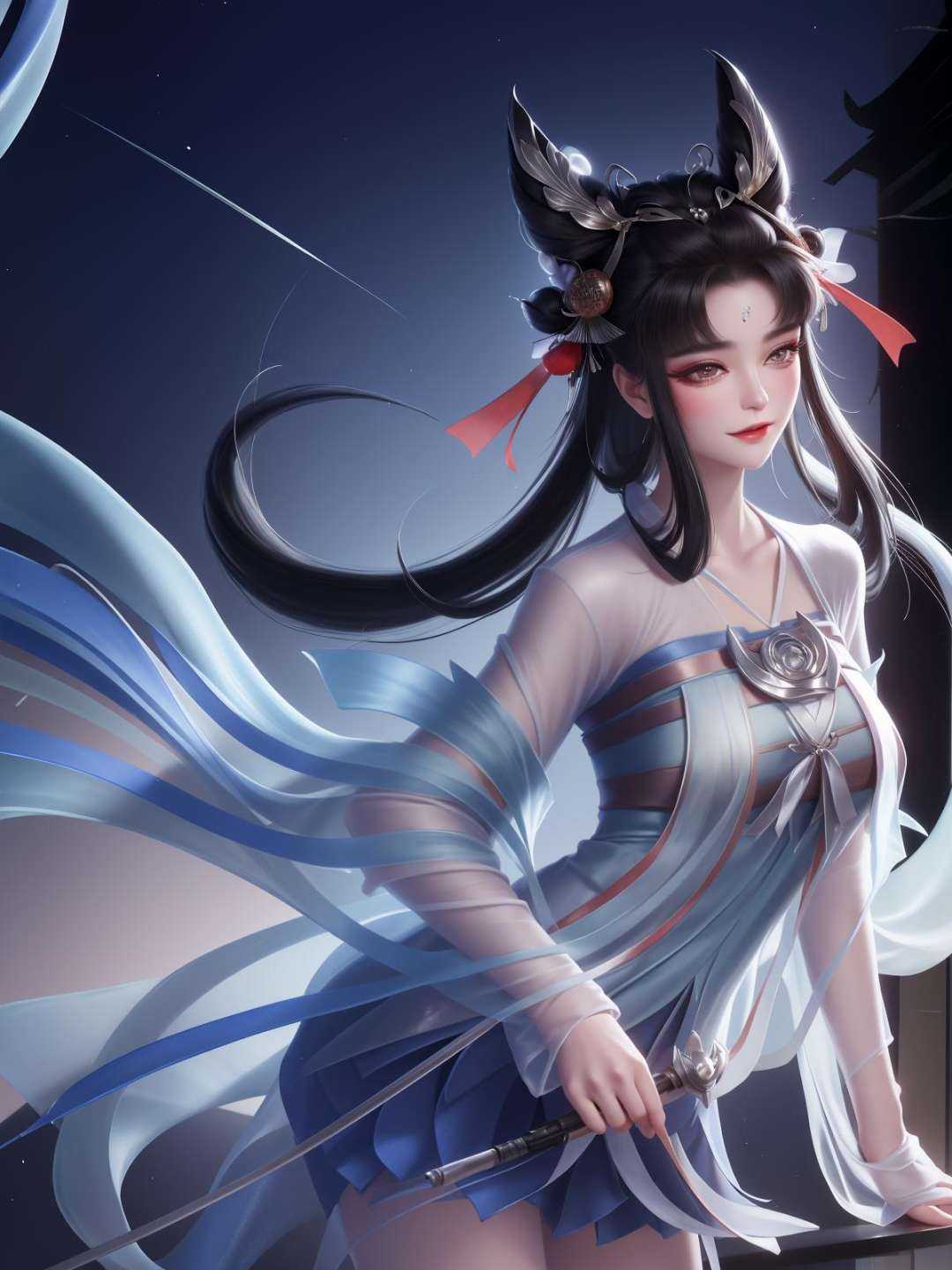 <lora:WZRYchangeRML_20230807210458:0.75>,WZRYchangeRML,1girl, mature female, looking at viewer, cityscape, night, hair ornament, dress,forehead mark, hair rings,chinese clothes, animal ears, sidelocks, see-through, skirt,ribbon, fluff, makeup, metal trim,
