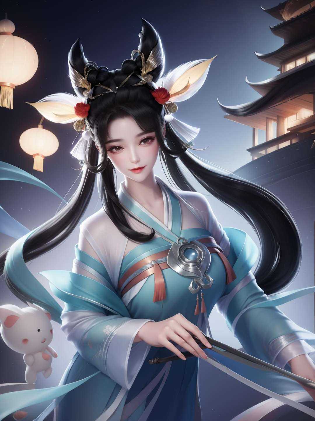 <lora:WZRYchangeRML_20230807210458:0.75>,1girl, mature female, looking at viewer, cityscape, night, hair ornament, dress,forehead mark, hair rings,chinese clothes, animal ears, 