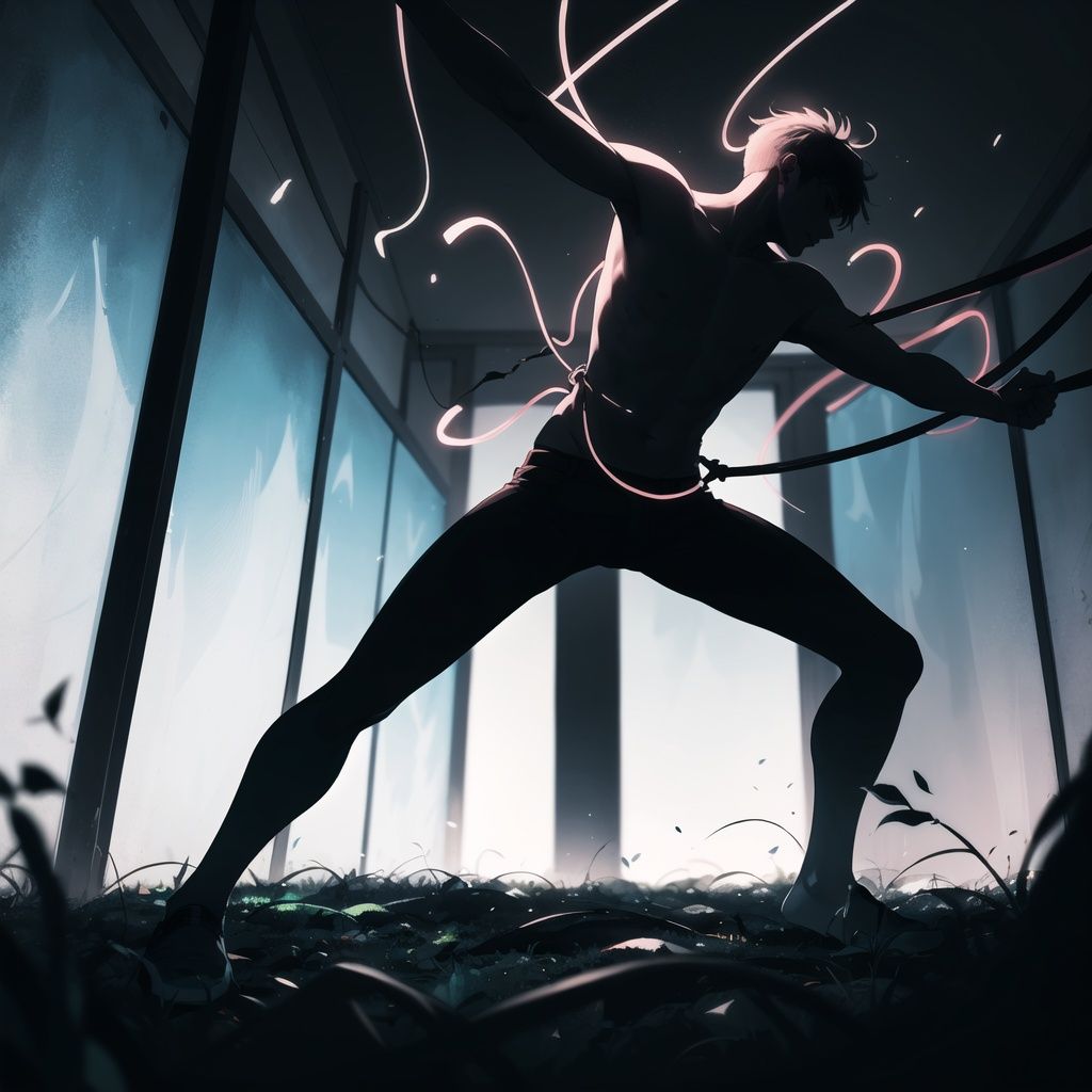 An artistic photo of a ,  his body intertwining with spectral,  neon vines. He's in a pitch-black room on Tensor.Art