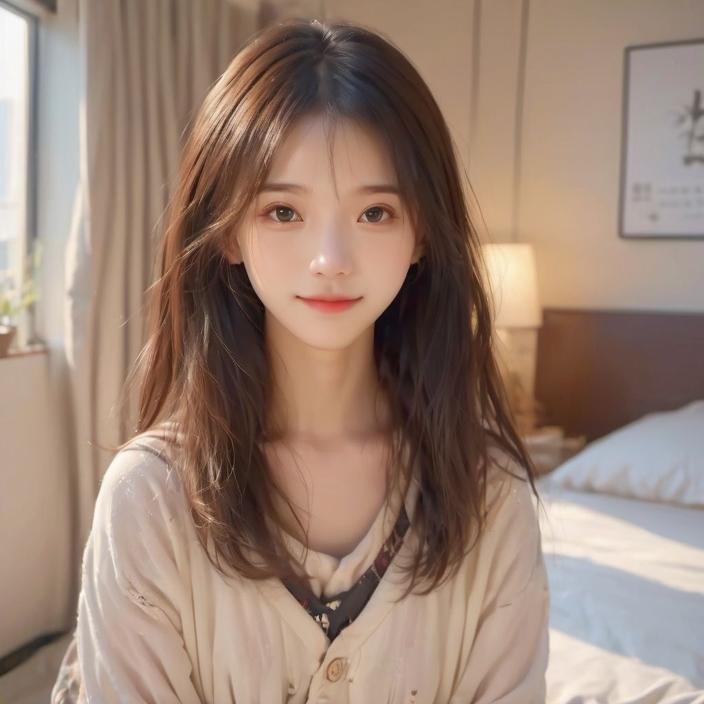 nuanguang,1girl,Smile slightly,Best quality, masterpiece, ultra high res, (photorealistic:1.4), raw photo,bedroom