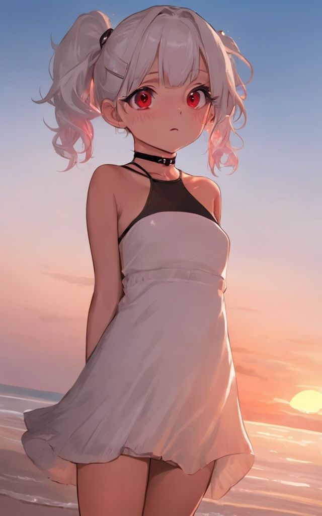 as109, **** girls, 1girl, (from above:1.3), bangs, bare shoulders, black choker, navel, choker, cleavage, cloud, white hair, twintails, long hair, dusk, earrings, evening, white panties, (t-shirt dress:1.6), gradient sky, leaning forward, medium breasts, midriff, beach, ocean horizon, the heave of the sea, blue sky, outdoors, red eyes, solo, sunset, twilight, <lora:lolicon_anime:0.8>