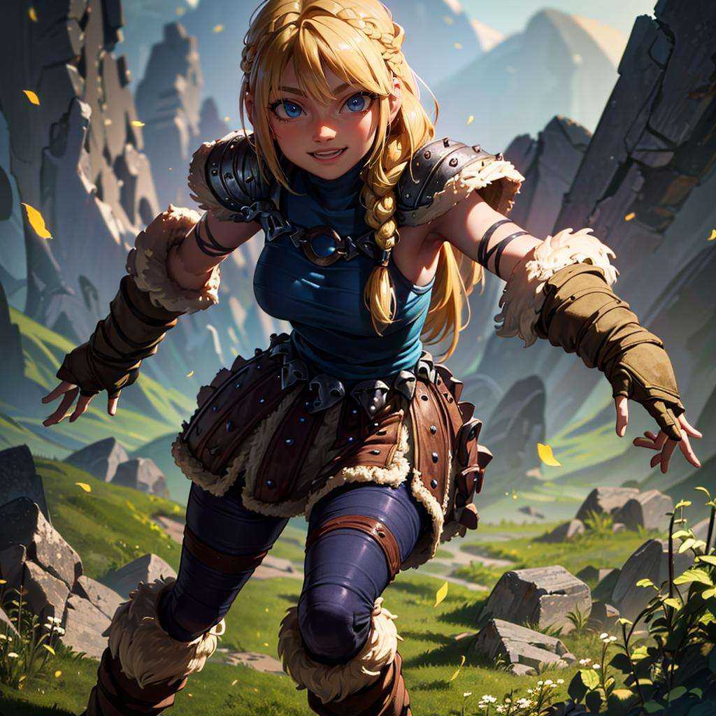 Astrid walking in a field of roses around mountains,  ,  warm light on Tensor.Art