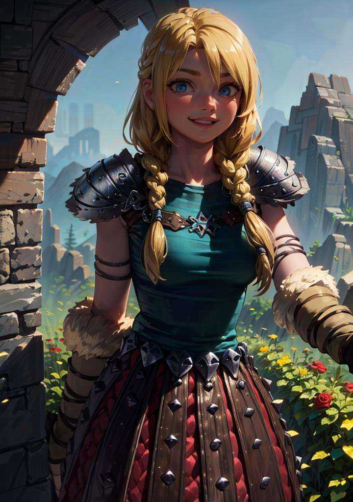 Astrid walking in a field of roses around mountains,  ,  warm light on Tensor.Art