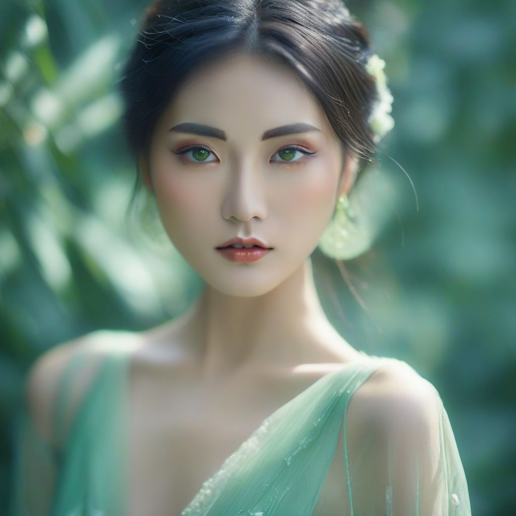 RAW photo, detailed face, ++, f22, beautiful symmetrical face, cute natural makeup, sadness, feminine, highly detailed, a 1girl, (full body:0.8), in the style of light emerald, oriental minimalism, subtle elegance, hd mod, in the style of elegant clothing, light green, realistic yet ethereal, simplistic designs, oriental, whimsical shapes, serene harmony beautiful symmetrical face, elegant, feminine, highly detailed, intricate,best quality, ultra-detailed, masterpiece, hires, 8k,(photorealistic),transparent,FUJI,han,6-12yifu,angel