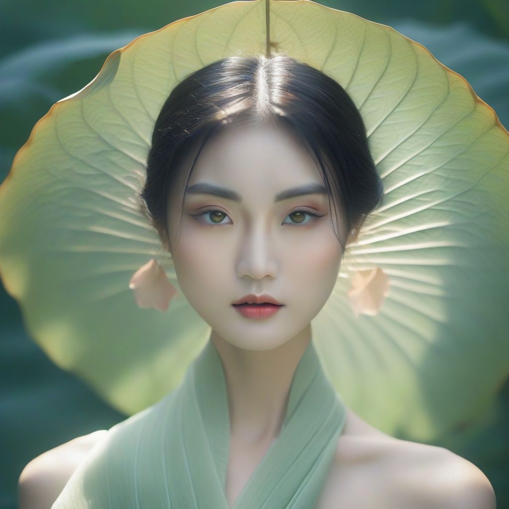 RAW photo, detailed face, ++, f22, beautiful symmetrical face, cute natural makeup, sadness, feminine, highly detailed, a 1girl, (full body:0.8)pose with parasols like a huge lotus leaf, ((huge lotus leaf))in the style of light emerald, oriental minimalism, subtle elegance, hd mod, in the style of elegant clothing, light green, realistic yet ethereal, simplistic designs, oriental, whimsical shapes, serene harmony beautiful symmetrical face, elegant, feminine, highly detailed, intricate,best quality, ultra-detailed, masterpiece, hires, 8k,(photorealistic),transparent,FUJI ,han,6-12yifu,angel