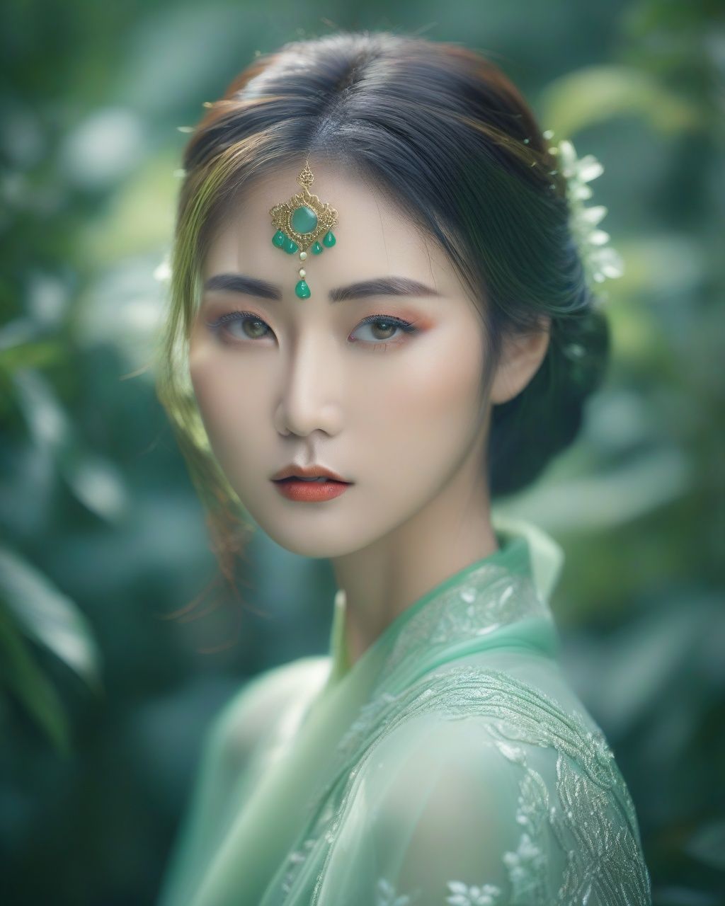 RAW photo,detailed face,++,f22,beautiful symmetrical face,cute natural makeup,sadness,feminine,highly detailed,a 1girl,(full body:0.8),in the style of light emerald,oriental minimalism,subtle elegance,hd mod,in the style of elegant clothing,light green,realistic yet ethereal,simplistic designs,oriental,whimsical shapes,serene harmony beautiful symmetrical face,elegant,feminine,highly detailed,intricate,best quality,ultra-detailed,masterpiece,hires,8k,(photorealistic),transparent,FUJI,han,6-12yifu,angel,