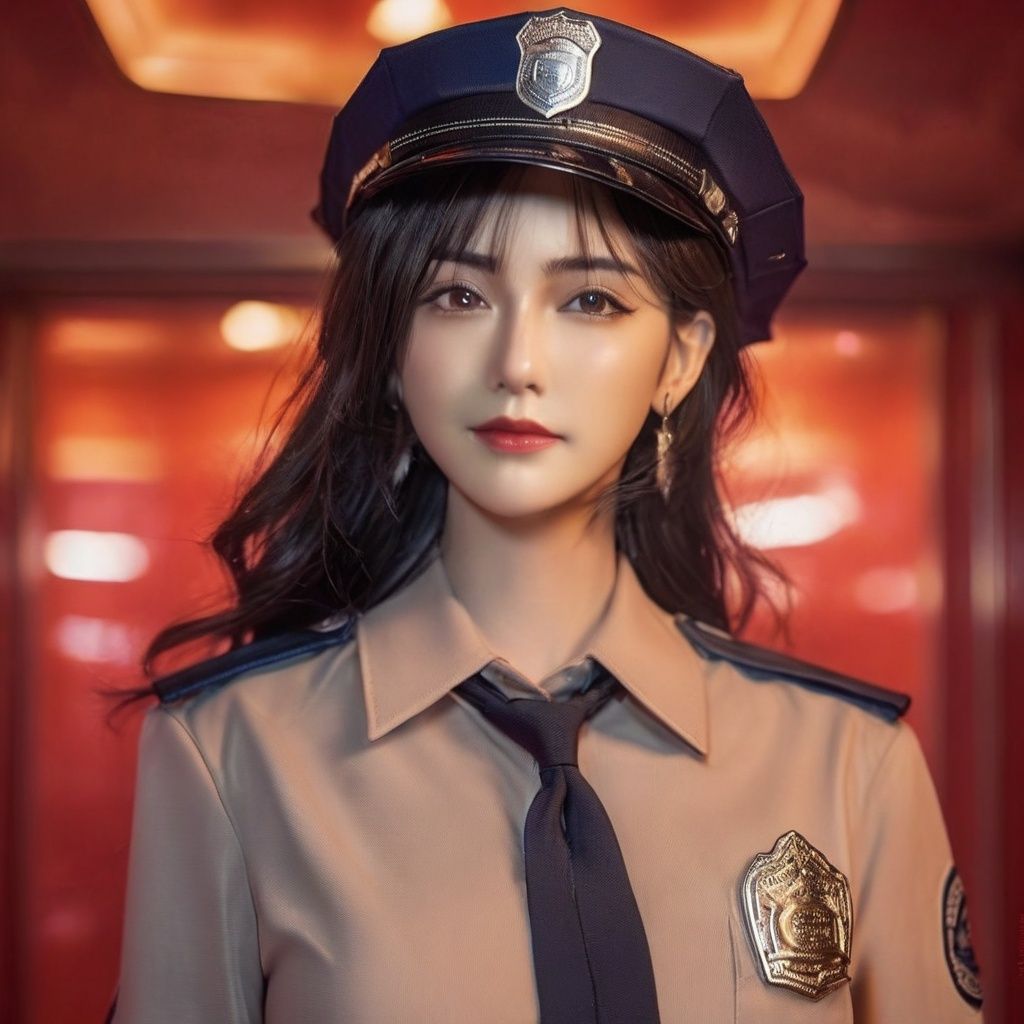 simple background,(Wearing a female police uniform and a police cap:1.4), good hand,4k, high-res, masterpiece, best quality, head:1.3,((Hasselblad photography)), finely detailed skin, sharp focus, (cinematic lighting), soft lighting, dynamic angle, [:(detailed face:1.2):0.2],midriff peek, medium breasts, breasts,(((inside mansion))),1girl, jewelry,earrings, orange_sky, solo, long_hair, upper body, grey eyes, looking at viewer,black hair,Fashion,(head tilt:1.4), red background, lips, slightly smile