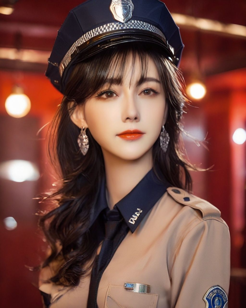 simple background,(Wearing a female police uniform and a police cap:1.4), good hand,4k, high-res, masterpiece, best quality, head:1.3,((Hasselblad photography)), finely detailed skin, sharp focus, (cinematic lighting), soft lighting, dynamic angle, [:(detailed face:1.2):0.2],midriff peek, medium breasts, breasts,(((inside mansion))),1girl, jewelry,earrings, orange_sky, solo, long_hair, upper body, grey eyes, looking at viewer,black hair,Fashion,(head tilt:1.4), red background, lips, slightly smile