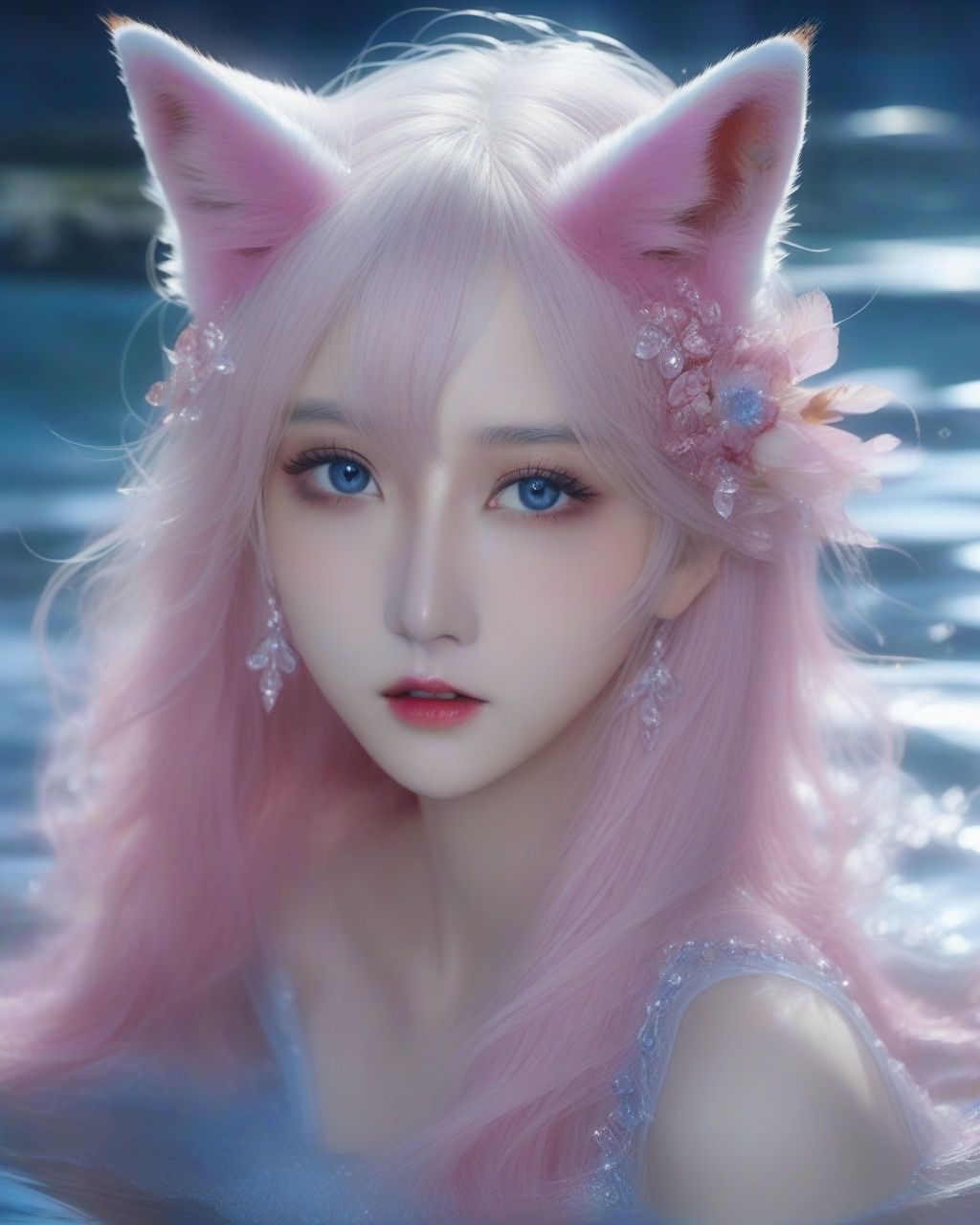 masterpiece,best quality,official art,extremelydetailed cg 8k wallpaper,(flying petals)(detailed ice),crystalstexture skin,coldexpression,((fox ears)),white hair,longhair,messy hair,blue eye,looking at viewer,extremely delicate andbeautiful,water,((beautydetailed eye)),highlydetailed,cinematiclighting,((beautiful face),fine water surface, (originalfigure painting), ultra-detailed, incrediblydetailed, (an extremelydelicate and beautiful),beautiful detailed eyes,(best quality),pink mecha,