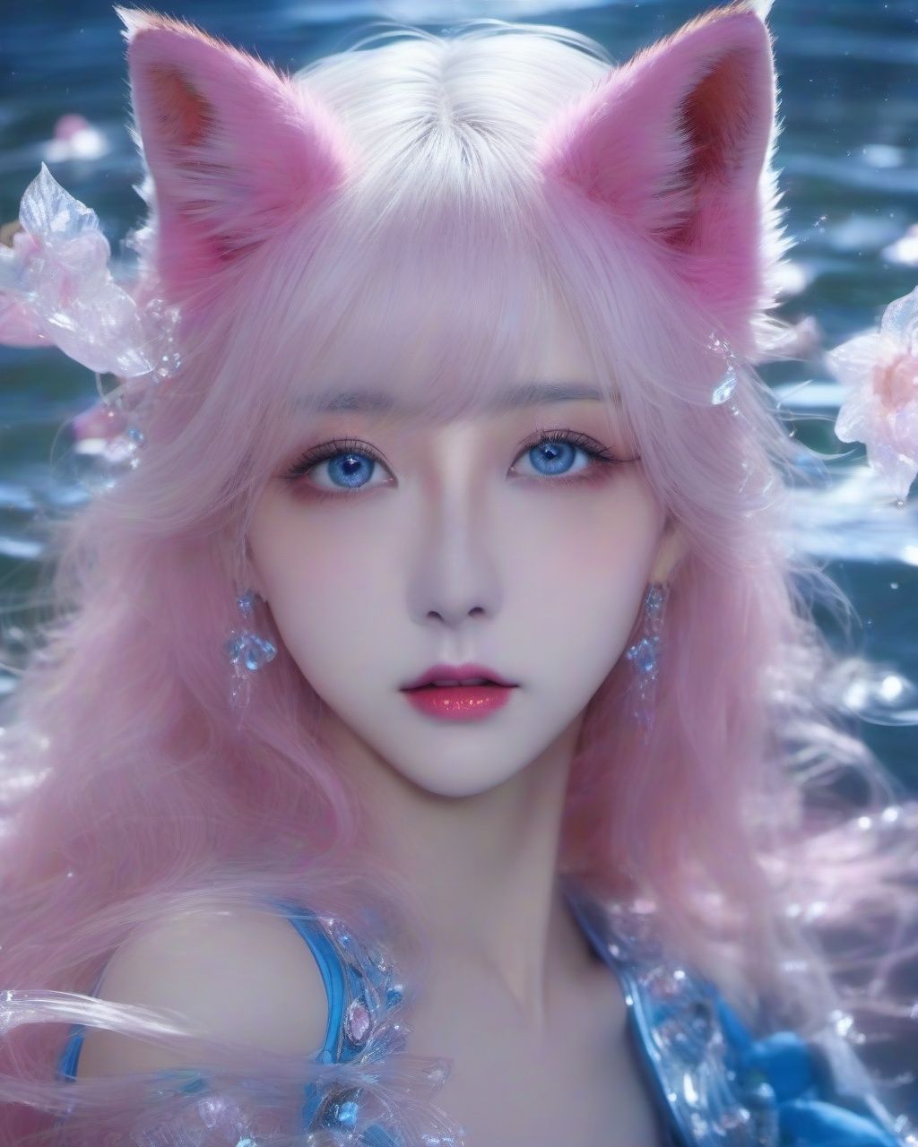 masterpiece,best quality,official art,extremelydetailed cg 8k wallpaper,(flying petals)(detailed ice),crystalstexture skin,coldexpression,((fox ears)),white hair,longhair,messy hair,blue eye,looking at viewer,extremely delicate andbeautiful,water,((beautydetailed eye)),highlydetailed,cinematiclighting,((beautiful face),fine water surface, (originalfigure painting), ultra-detailed, incrediblydetailed, (an extremelydelicate and beautiful),beautiful detailed eyes,(best quality),pink mecha,