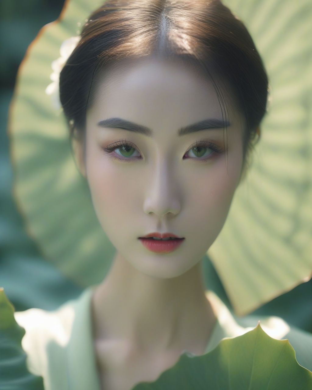 RAW photo, detailed face, ++, f22, beautiful symmetrical face, cute natural makeup, sadness, feminine, highly detailed, a 1girl, (full body:0.8)pose with parasols like a huge lotus leaf, ((huge lotus leaf))in the style of light emerald, oriental minimalism, subtle elegance, hd mod, in the style of elegant clothing, light green, realistic yet ethereal, simplistic designs, oriental, whimsical shapes, serene harmony beautiful symmetrical face, elegant, feminine, highly detailed, intricate,best quality, ultra-detailed, masterpiece, hires, 8k,(photorealistic),transparent,FUJI ,han,6-12yifu