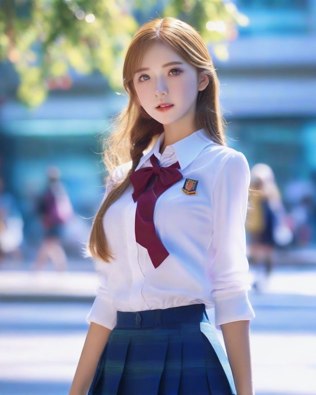 (8k, RAW photo, best quality, masterpiece:1.2),(realistic, photo-realistic:1.4),ultra-detailed,extremely detailed cg 8k wallpaper,(crystalstexture skin:1.2),(extremely delicate and beautiful),1girl,school uniform,city,street,film,(full body:1.4),