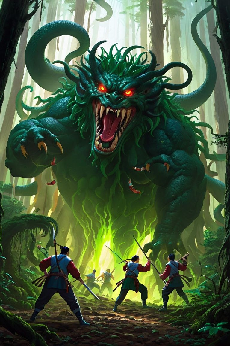 In this picture, we can see a cultivator and a fierceMiaojiang worm engaged in a fierce confrontation. Theworms are huge in size and covered with a hard shellexuding the aura of beasts in the forest. Practitionerswield magic weapons and used martial arts techniquesto constantly attack worms. The surrounding scene is alsofull of mysterious atmosphere, and hissing and strangebreaths are heard from time to time in the vast mountainforest. The author of this painting is the famous fantasypainter MichaelWhelan