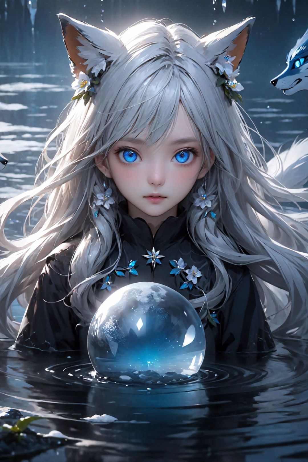  masterpiece, best quality,official art, extremelydetailed cg 8k wallpaper,(flying petals)(detailed ice) , crystalstexture skin, coldexpression, ((fox ears)),white hair, longhair, messy hair, blue eye,looking at viewer,extremely delicate andbeautiful, water, ((beautydetailed eye)), highlydetailed, cinematiclighting, ((beautiful face),fine water surface, (originalfigure painting), ultra-detailed, incrediblydetailed, (an extremelydelicate and beautiful),beautiful detailed eyes,(best quality), 