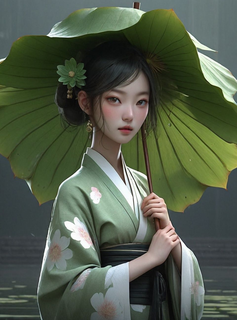 RAW photo, detailed face, ++, f22, beautiful symmetrical face, cute natural makeup, elegant, feminine, highly detailed, a 1girl, (full body:0.8)pose with parasols like a huge lotus leaf, ((huge lotus leaf))in the style of light emerald, oriental minimalism, subtle elegance, hd mod, in the style of elegant clothing, light green, realistic yet ethereal, simplistic designs, oriental, whimsical shapes, serene harmony beautiful symmetrical face, elegant, feminine, highly detailed, intricate,best quality, ultra-detailed, masterpiece, hires, 8k,(photorealistic),transparent,buyao, <lora:BedtimeStoriesXL-000002:0.8>