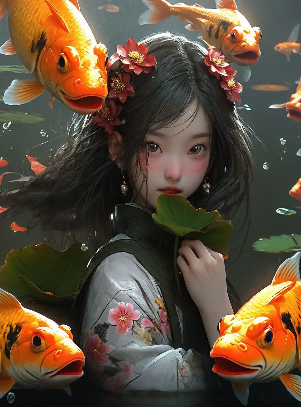 High detailed, High precision, Hyper quality, UHD,16k, Rich details, rich elements, guofeng, illustration,1girl, beautiful,Surrounded by goldfish, surrounded by goldfish, lotus, lotus leaf, pearlygates,bj_Devil_angel , <lora:BedtimeStoriesXL-000002:1>