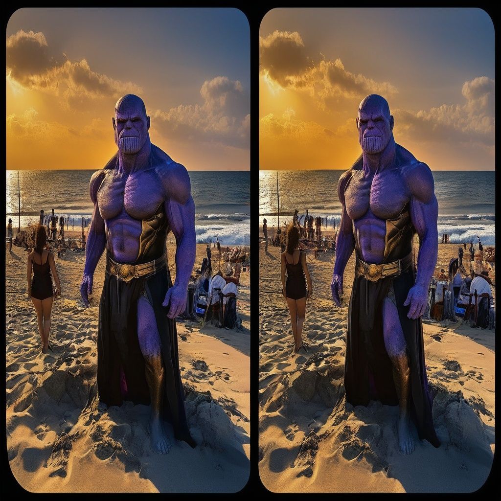 (StereoCam) cinematic Thanos character in beach, sunset, fantasy concept art, 8k resolution, deviantart masterpiece, realistic, highly detailed , black border , StereoCam <lora:Stereocam:1> 