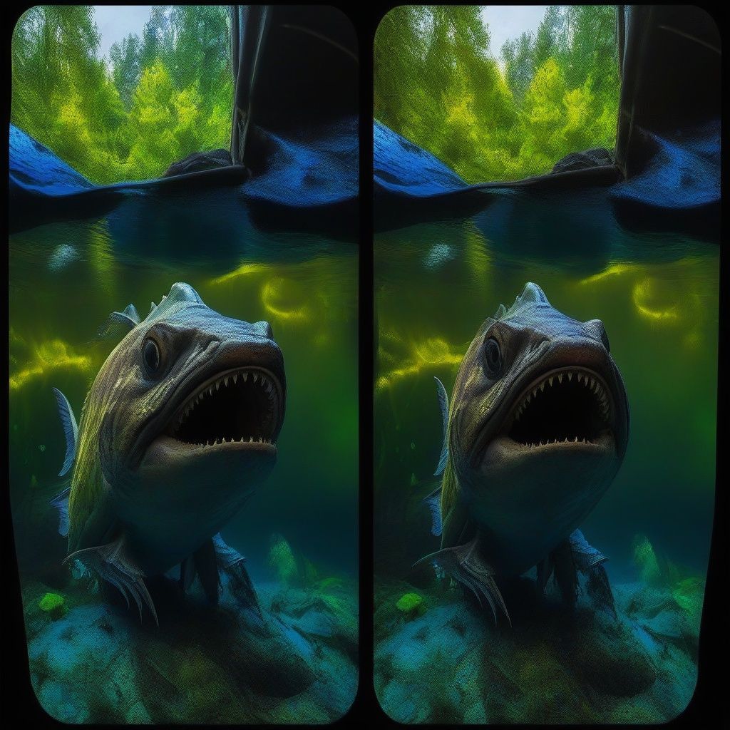 cinematic StereoCam Splash art, piranha, swimming in underwater, splash style, contour, fantasy concept art, 8k resolution, deviantart masterpiece, oil painting, heavy strokes, (mirror:1), paint dripping, splash art, realistic, highly detailed  , StereoCam  <lora:Stereocam:1>