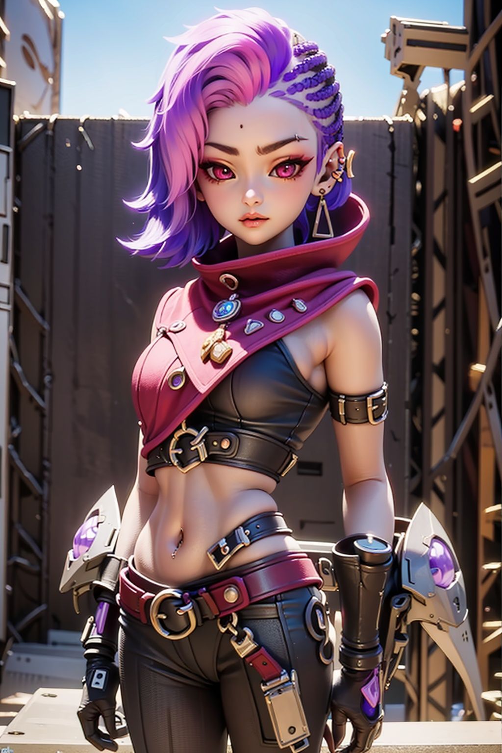 1girl, solo, bangs, navel, standing, pink hair, purple hair, multicolored hair, earrings, pink eyes, two-tone-hair, asymmetrical_hair, pink scarf, anime style, ixiaml, upper body, <lora:EMS-20196-EMS:0.8>