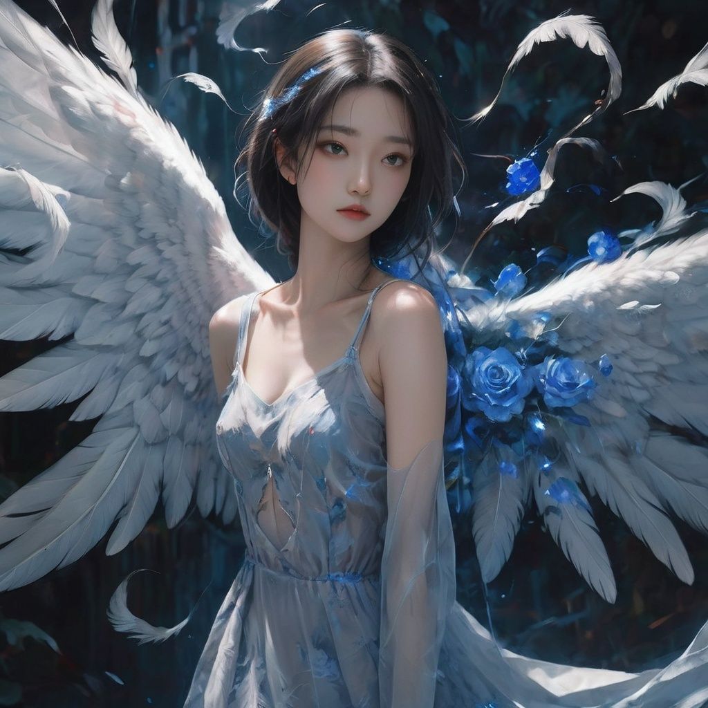 arien_angel,CG character design, gorgeous speed painting, 4K Concept dark art created by Alyssa Monks. UHD perspective shooting【Ophanim Angels】【Amazing wings】【blue rose patterned surface details】【Soft blue light, Orton effect】【The sword in the angel's hand radiates cold light, and there are sharp marks on the blade】【The background of the whole painting is a translucent dark totem to give a sense of fear】  <lora:arien_angel-000007:0.7:juese1>