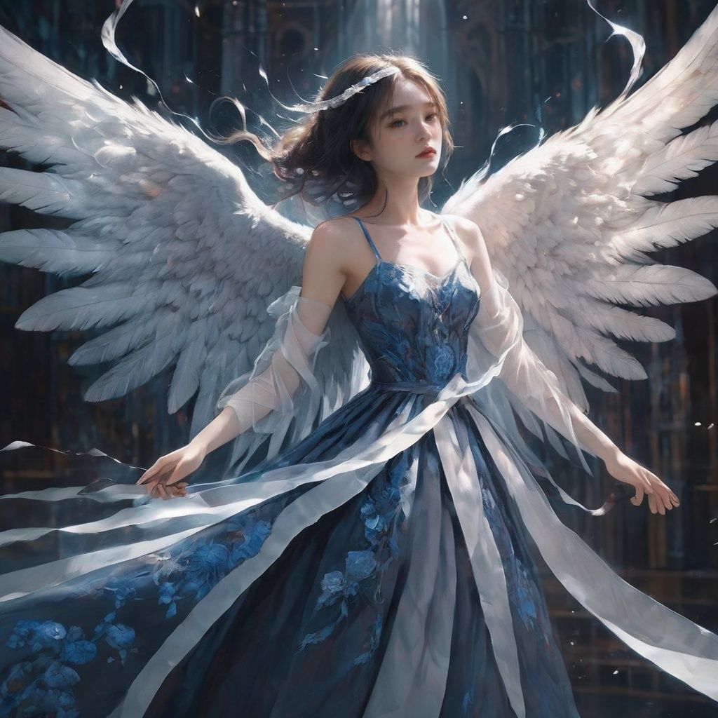arien_angel,CG character design, gorgeous speed painting, 4K Concept dark art created by Alyssa Monks. UHD perspective shooting【Ophanim Angels】【Amazing wings】【blue rose patterned surface details】【Soft blue light, Orton effect】【The sword in the angel's hand radiates cold light, and there are sharp marks on the blade】【The background of the whole painting is a translucent dark totem to give a sense of fear】  <lora:arien_angel-000009:0.7:juese1>