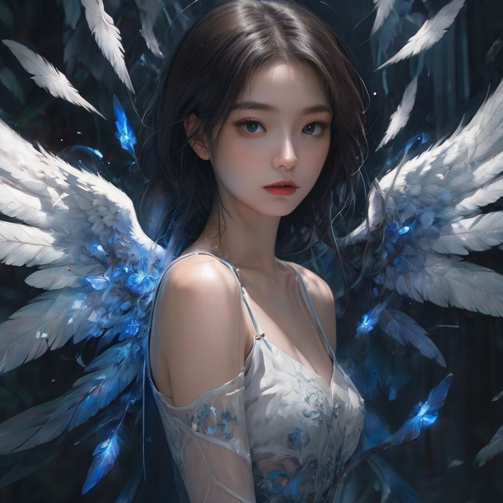 arien_angel,CG character design, gorgeous speed painting, 4K Concept dark art created by Alyssa Monks. UHD perspective shooting【Ophanim Angels】【Amazing wings】【blue rose patterned surface details】【Soft blue light, Orton effect】【The sword in the angel's hand radiates cold light, and there are sharp marks on the blade】【The background of the whole painting is a translucent dark totem to give a sense of fear】  <lora:arien_angel-000007:0.7:juese1>
