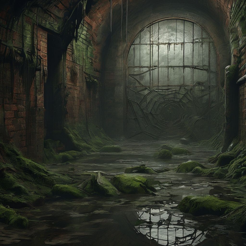 gloomy,conceptual art,(dark, dirty, terrifying),fog,(sewer),garbatge,(tunnel),(mossy walls:0.7),(dripping water),(filthy water),(foul odor),(spider webs),(broken pipes),(crumbling bricks),(slimy puddles),(echoing sounds),(rusty bars on windows),illustration,best quality,highly detailed,masterpiece,extremely detailed,8k wallpaper,official art,<lora:gloomyXL:1>,