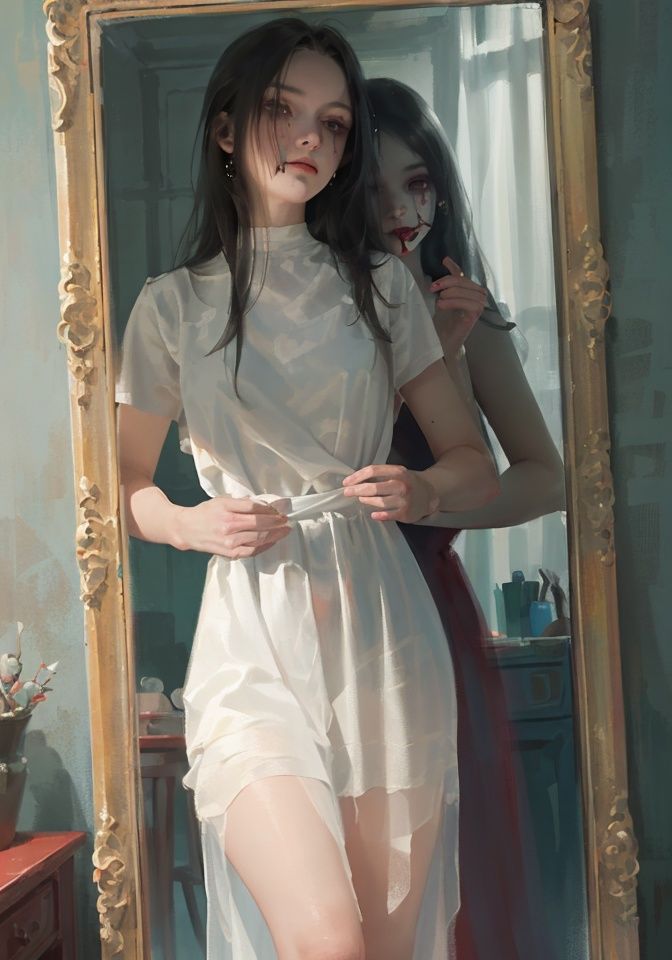 masterpiece,Standing posture,(masterpiece, top quality, best quality,masterpiece,(masterpiece, top quality, best quality,mirror, 1girl, solo, reflection, dress, closed mouth, red dress, long hair, horror (theme)