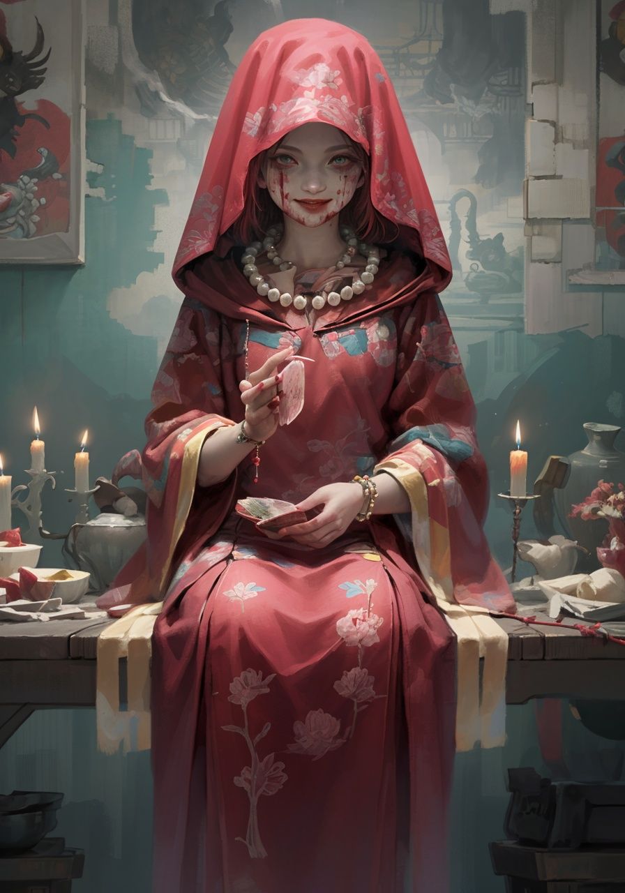 (masterpiece, top quality, best quality),horror (theme),solo,sitting,beads,veil,holding,jewelry,looking at viewer,necklace,candle,1girl,indoors,long sleeves,blood,floral print,hood up,smile,dark,dress,horror (theme),