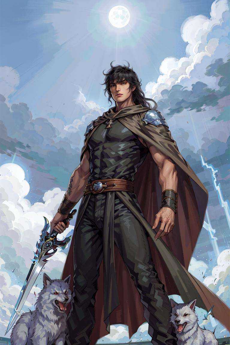 1boy, male focus, sword, weapon, solo, cape, wolf, tattoo, long hair, black hair, lightning, raining, moon,masterpiece, best quality, 8k