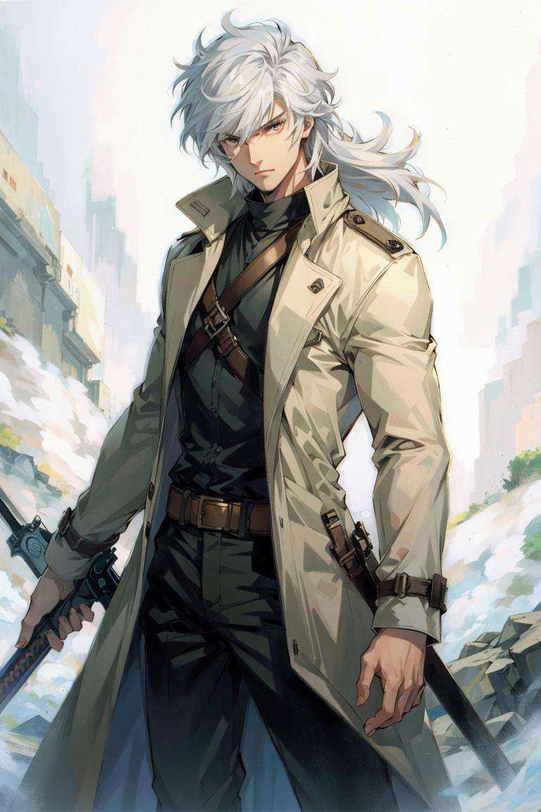 1boy, solo, male focus, weapon, sword, standing, trench coat, manly, white hair, traditional media, long hair,masterpiece, best quality, 8k