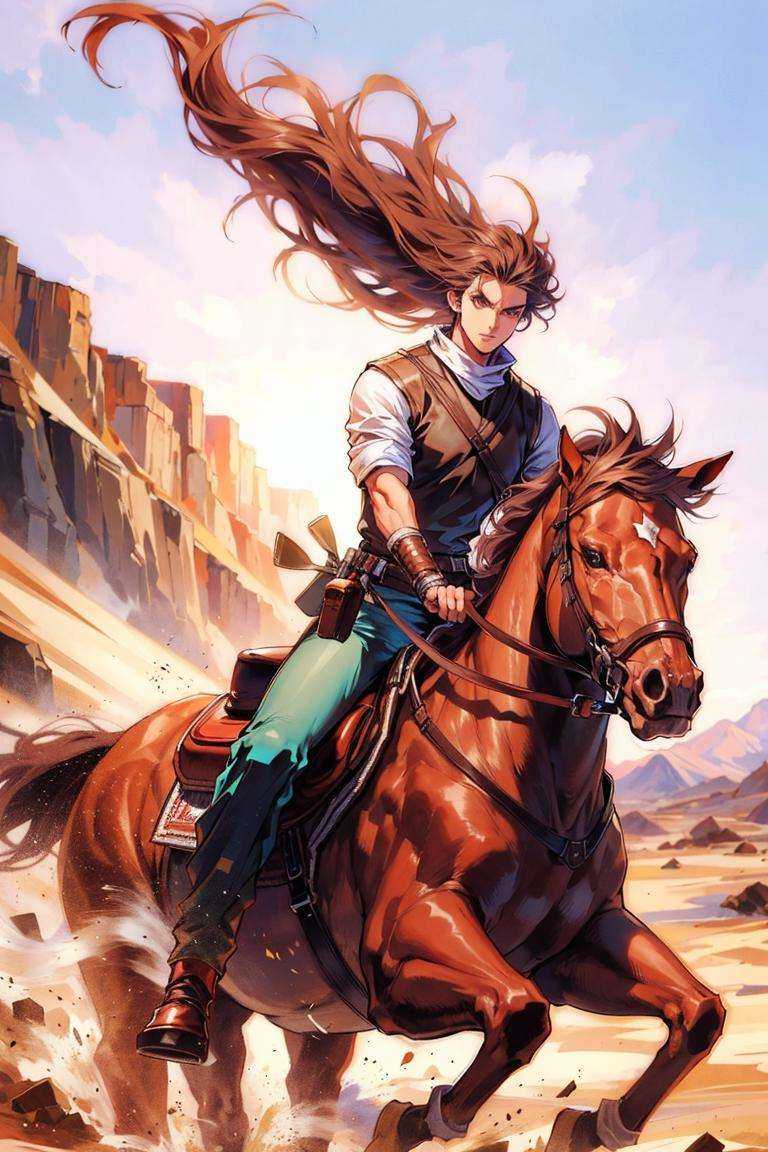 horse, 1boy, riding, male focus, desert, horseback riding, long hair, solo, brown hair, manly, wind, saddlemasterpiece, best quality, 8k