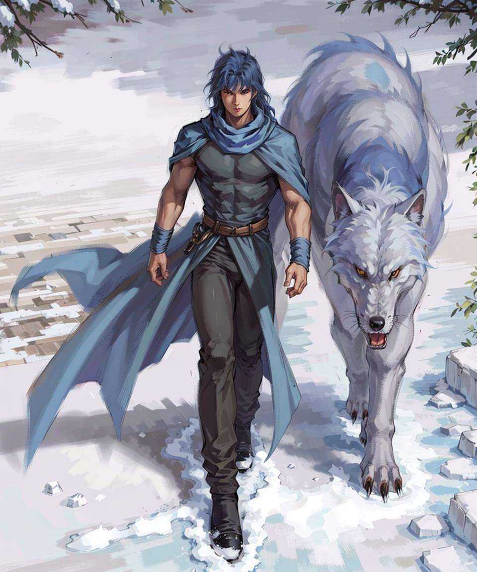 1boy, male focus, solo, cape, wolf, blue hair, long hair, scarf, snow,masterpiece, best quality, 8k