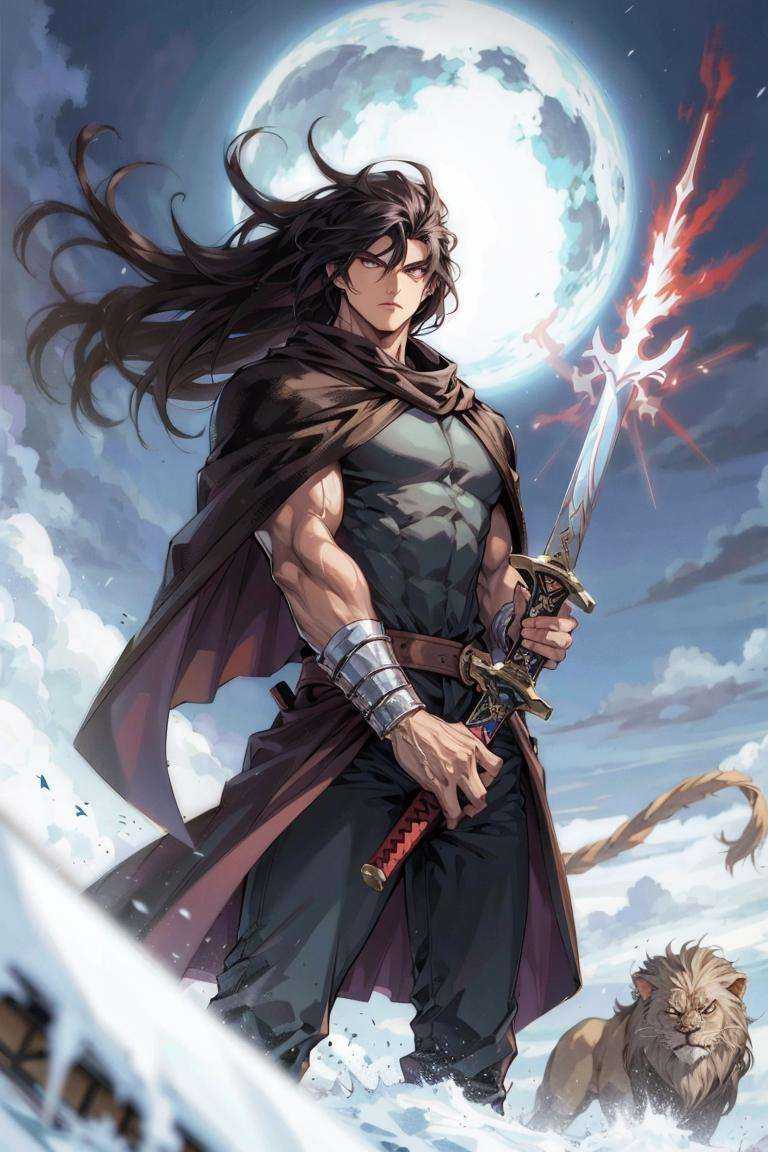 weapon, sword, 1boy, black hair, male focus, muscular, cape, snow, lion, long hair, masterpiece, best quality, 8k