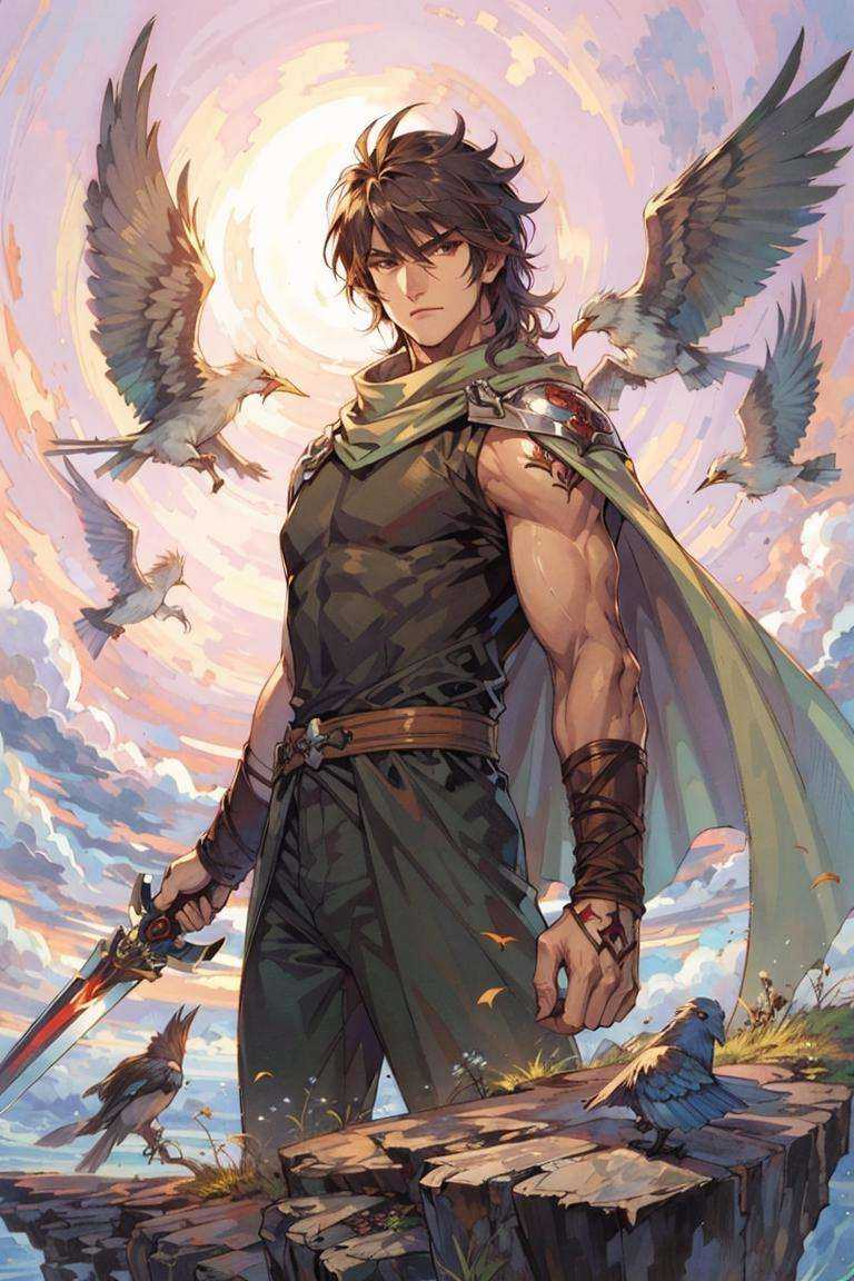 1boy, male focus, sword, weapon, solo, cape, bird, traditional media, tattoo, sunset, brown hair, black hair, scarf,masterpiece, best quality, 8k