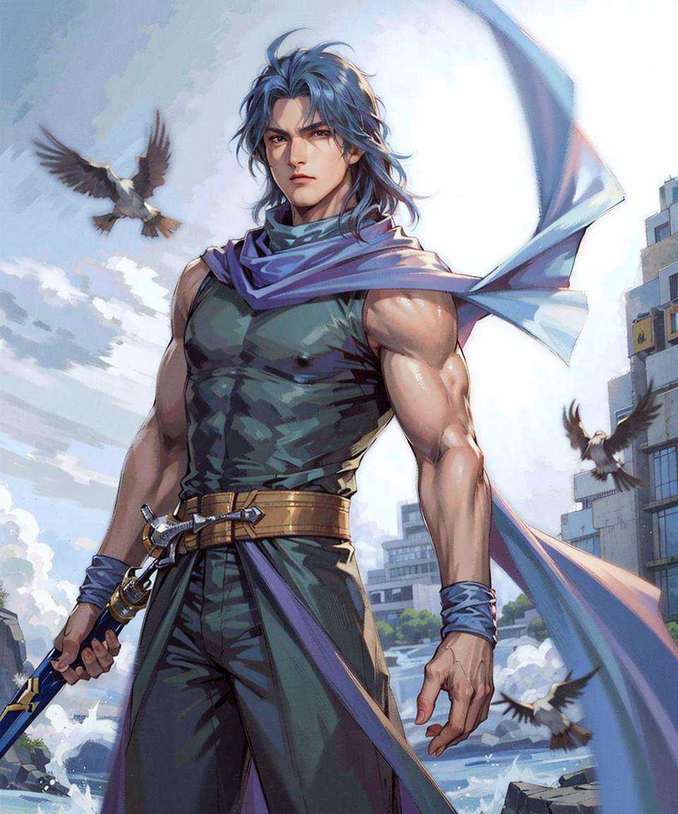 1boy, male focus, solo, cape, bird, blue hair, long hair, scarf, masterpiece, best quality, 8k