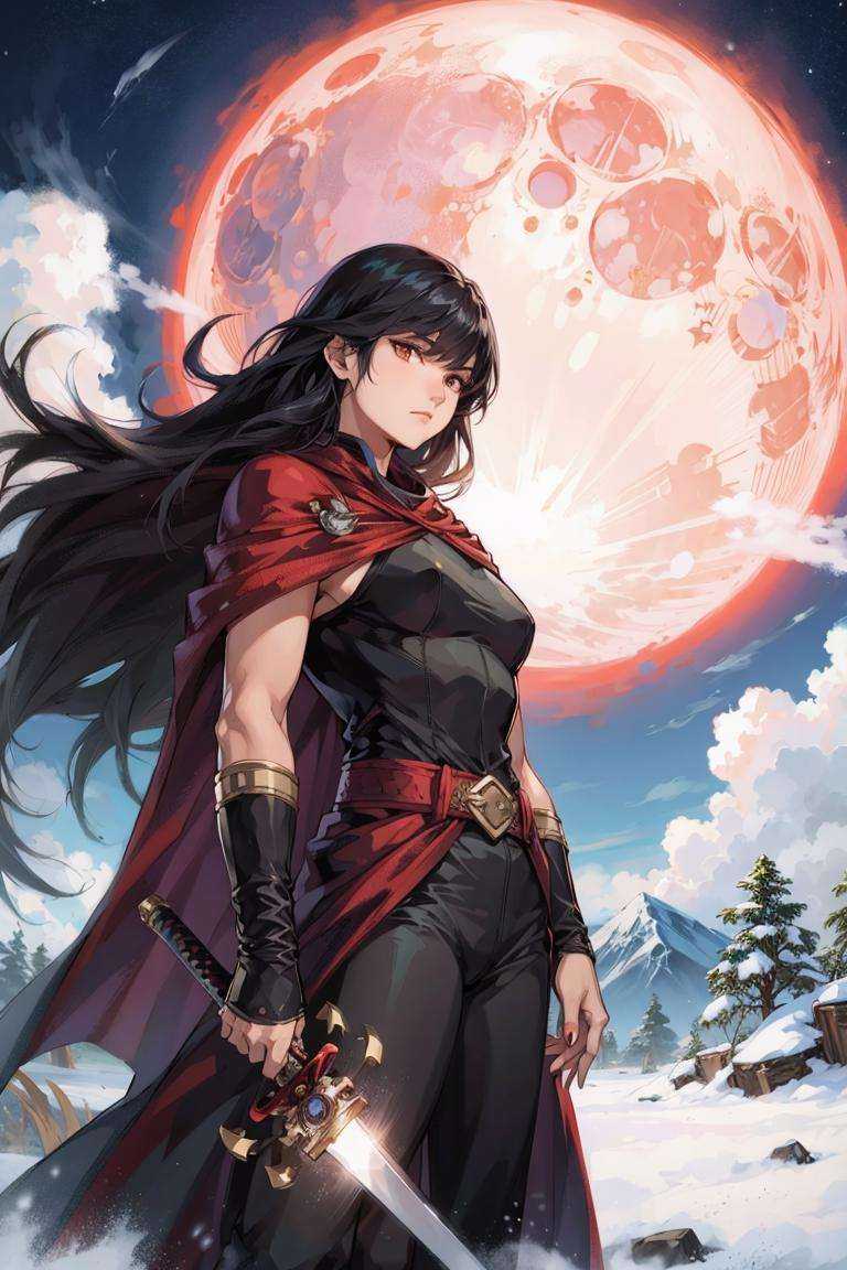 weapon, sword, 1girl, black hair, cape, snow, tiger, long hair, moon light,masterpiece, best quality, 8k