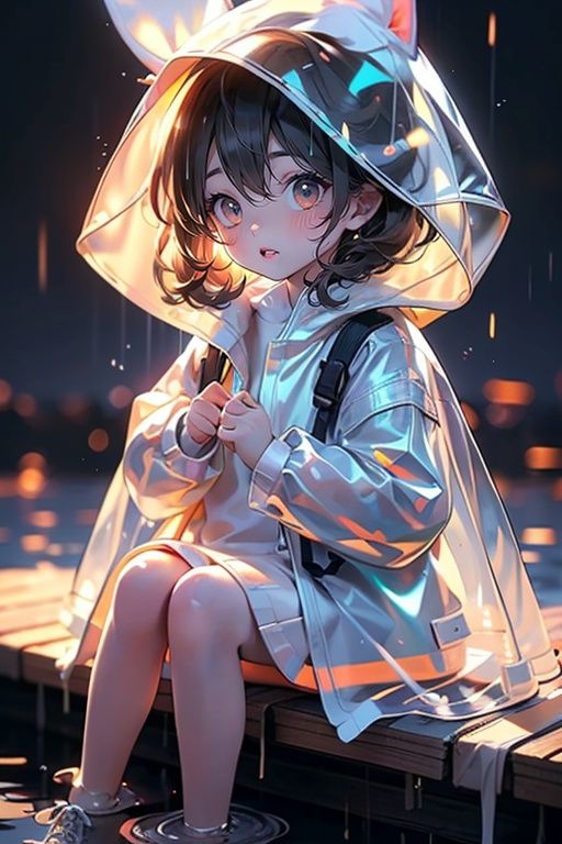 <lora:zycpp_20230808095133-000020:0.8>,1 girl,solo,sitting,a raincoat with a hat,a hat in the shape of a rabbit,transparent and luminous raincoat,blush,