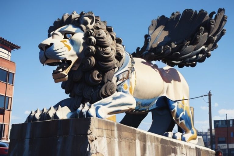 (((best quality,masterpiece))), stone lion,giant lion on city line,lion man,