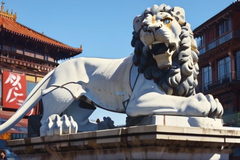 (((best quality,masterpiece))), stone lion,giant lion on city line,lion man,