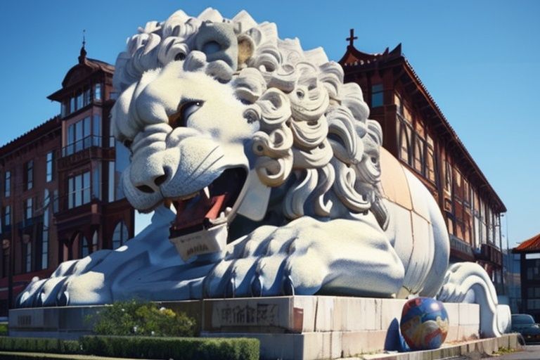 (((best quality,masterpiece))), stone lion,giant lion on city line,lion man,