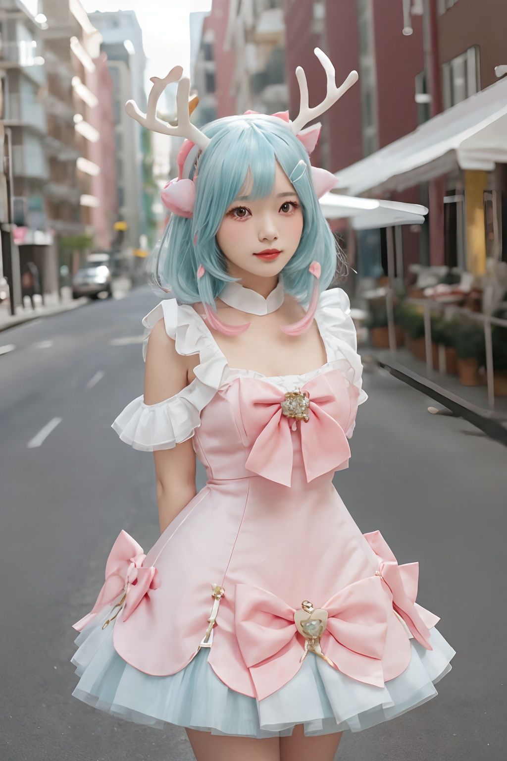 1girl,solo,looking at viewer,dress,pink bow,aqua hair,animal ears,hair accessories,cityscape,(arms behind back:1.15),white fake antlers,<lora:yao_2版14:0.6>,yao,