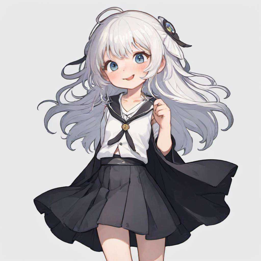 ((((loli)))),long eyelashes,hair_ornament,wavy_hair,cute,shy,(magazine cover:1.4),1girl,solo,extremely detailed CG unity 8k wallpaper,lens 135mm, young girl,(white background:1.5),full body,simple background,,straight-on,smile,closed mouth,cape,naughty face,ahoge,close-up(serafuku),white shirt,white sweater vest,(black long skirt:1.4), <lora:EMS-19880-EMS:0.6>
